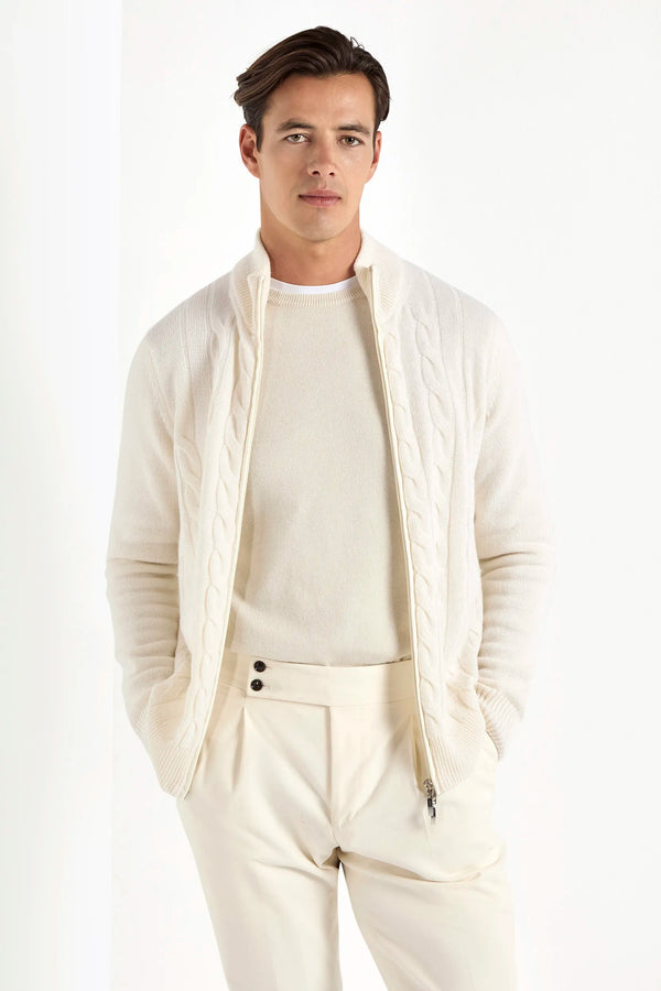 white cable knit full zip, men's cashmere full zip, italian knit full zip, white cashmere zip sweater, luxury men's full zip, elegant men's knitwear, refined cable knit full zip, tailored white full zip, premium italian full zip, sophisticated men's zip sweater, timeless italian knitwear, upscale men's full zip, classic white zip sweater, italian craftsmanship knitwear, premium men's cashmere zip, refined italian cable knit full zip