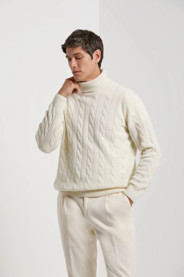 Pini Parma made in Italy men white cable knit turtleneck sweater 