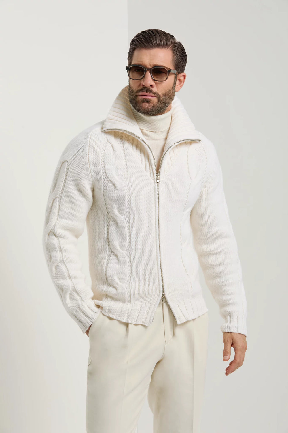 Pini Parma Made in Italy men white jaquard full zip