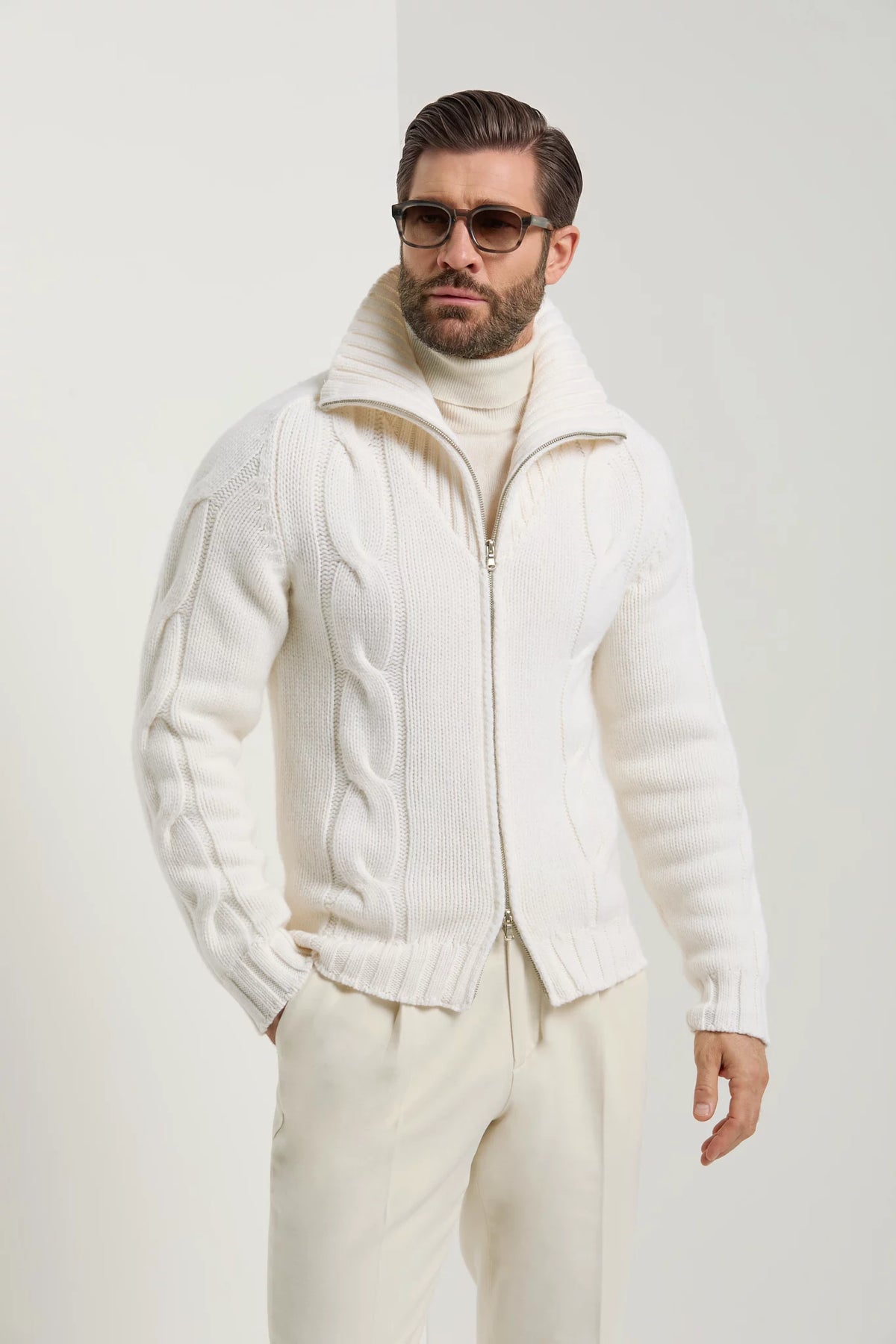 Pini Parma Made in Italy men white jaquard full zip
