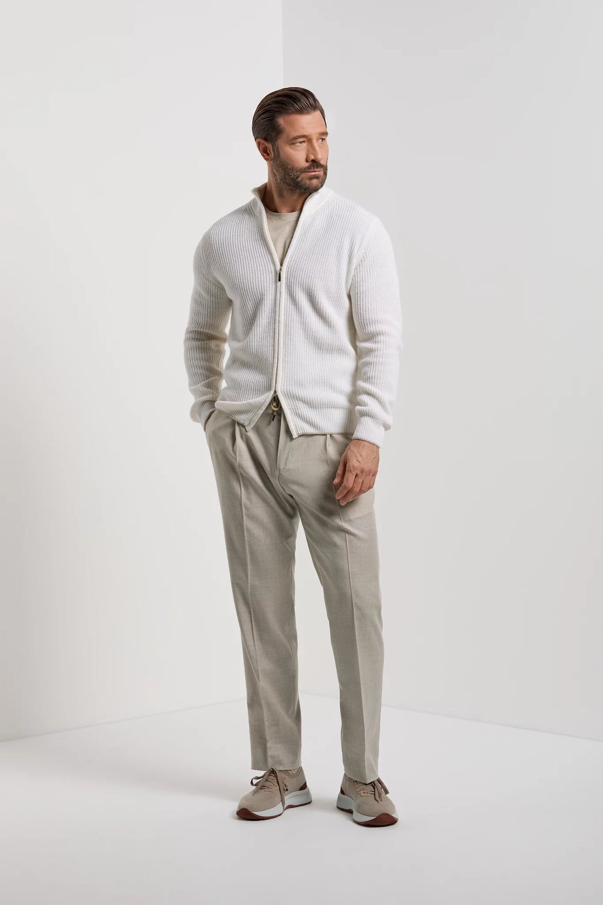 Pini Parma Made in Italy men white ribbed cashmere blend full zip 