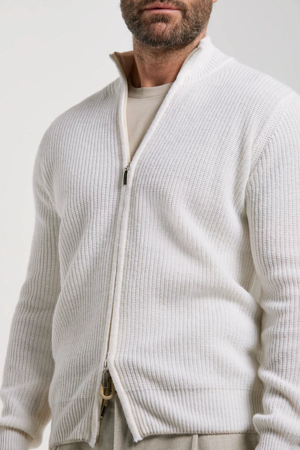 Pini Parma Made in Italy men white ribbed cashmere blend full zip 
