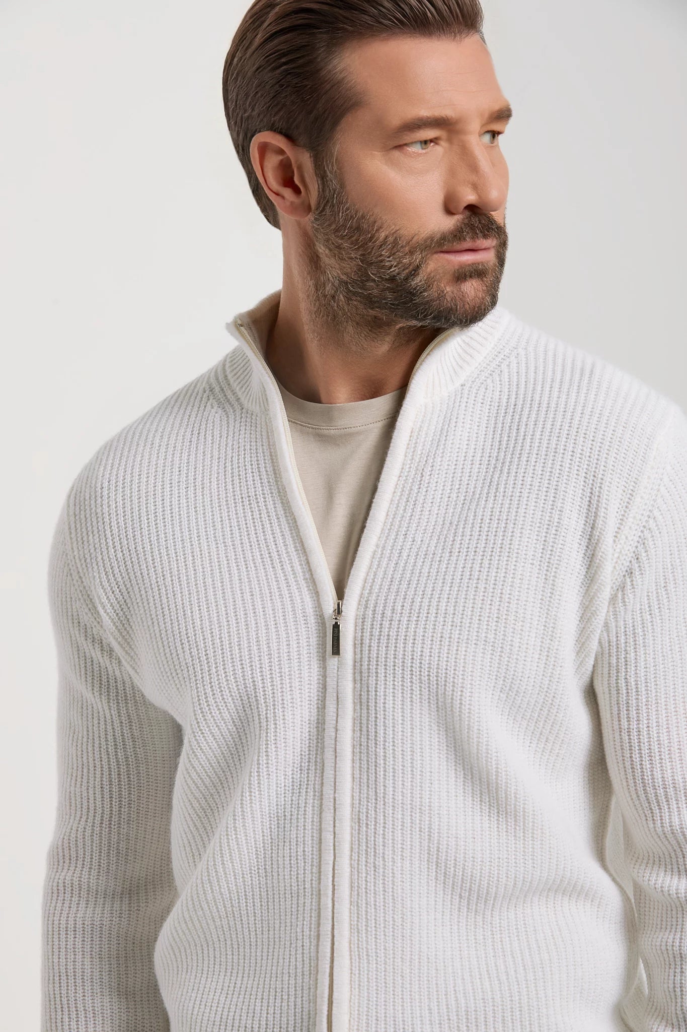 Pini Parma Made in Italy men white ribbed cashmere blend full zip 