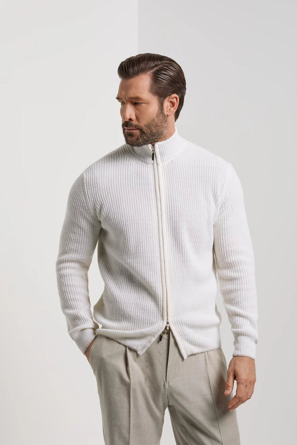 Pini Parma Made in Italy men white ribbed cashmere blend full zip 