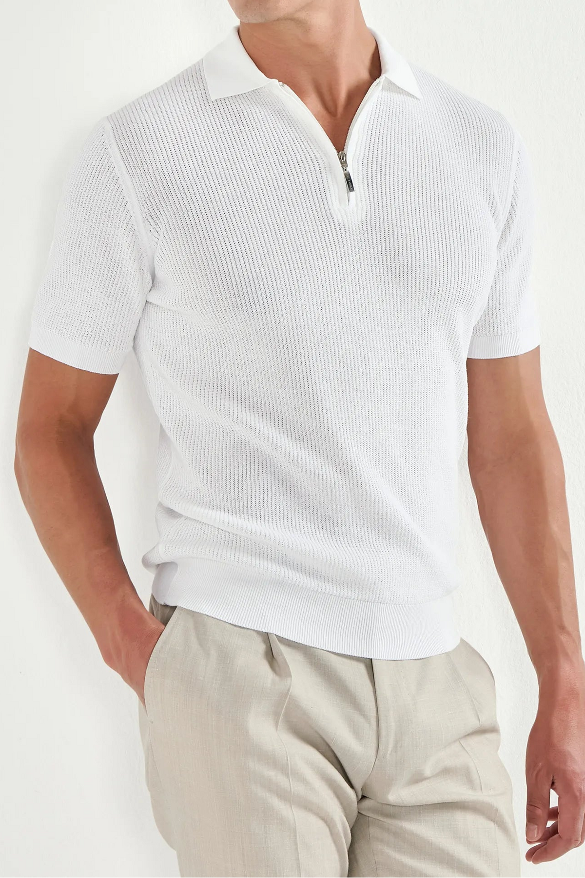 White ribbed zipped polo - Made in Italy