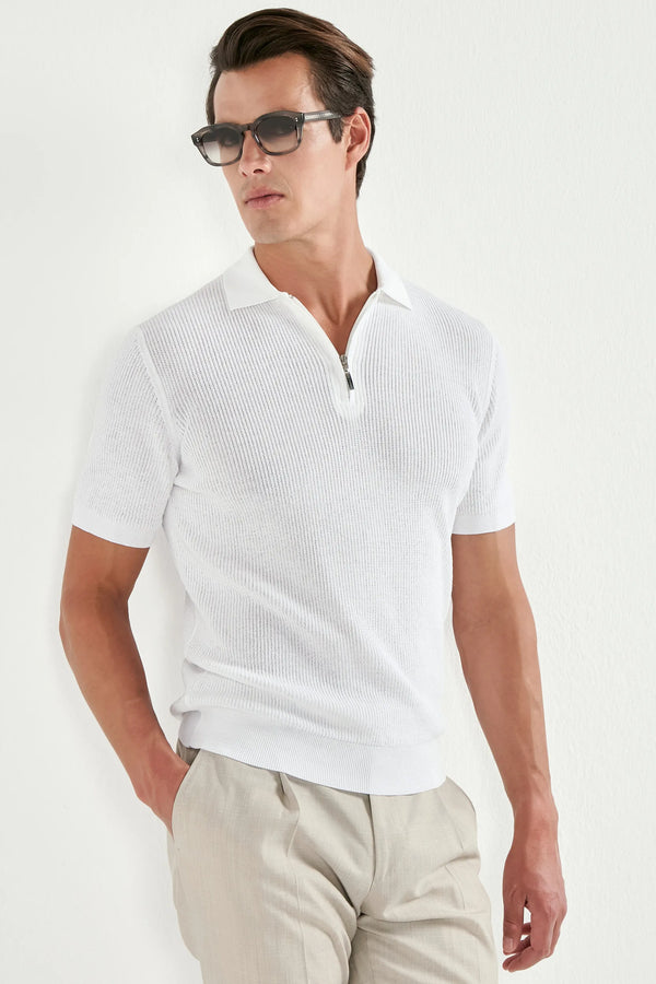 Polo blanc côtelé zippé - Made in Italy