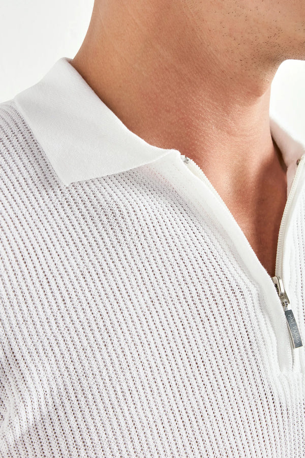 Polo blanc côtelé zippé - Made in Italy