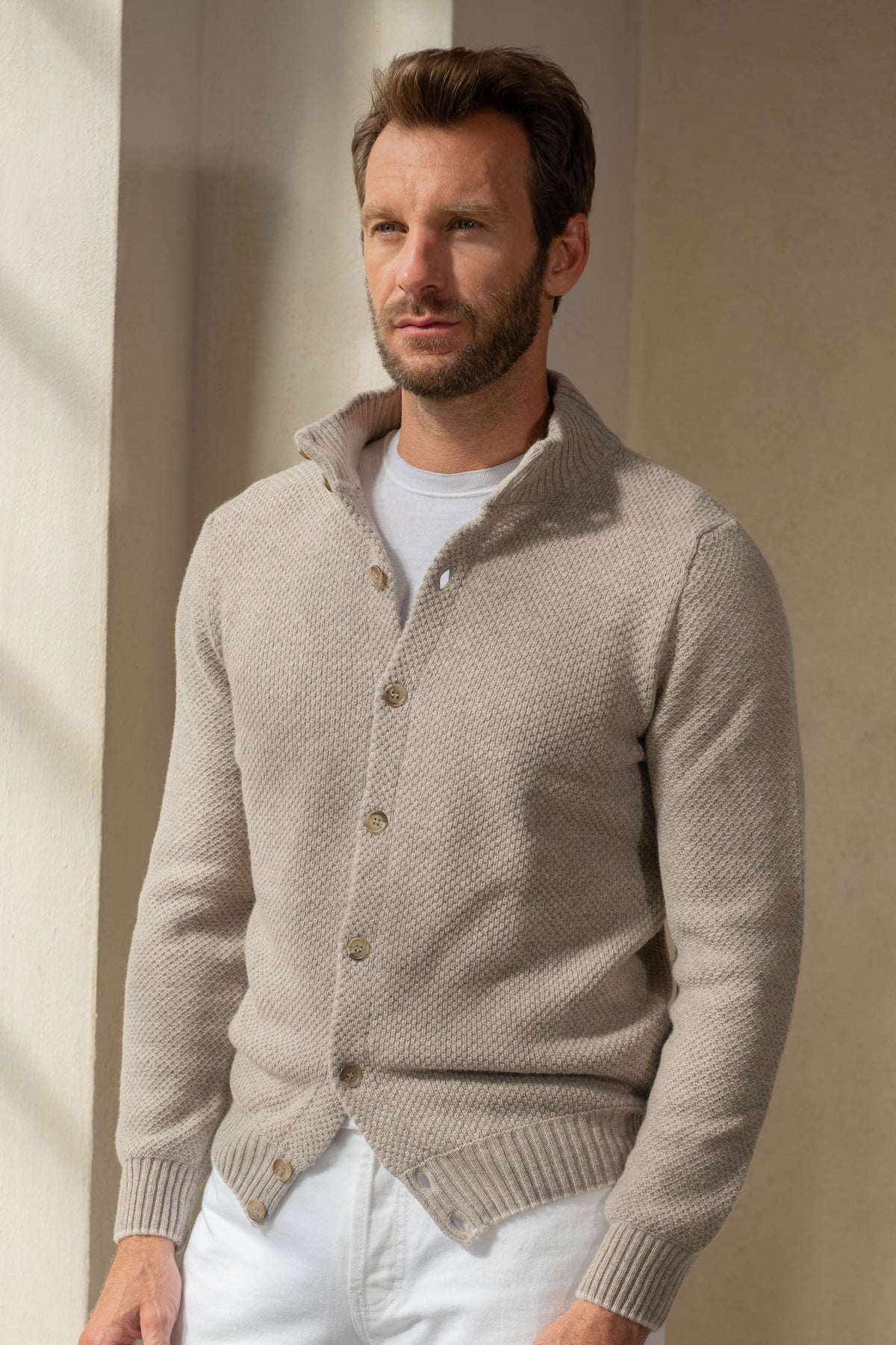 Beige textured cashmere blend cardigan | Made in Italy | Pini Parma