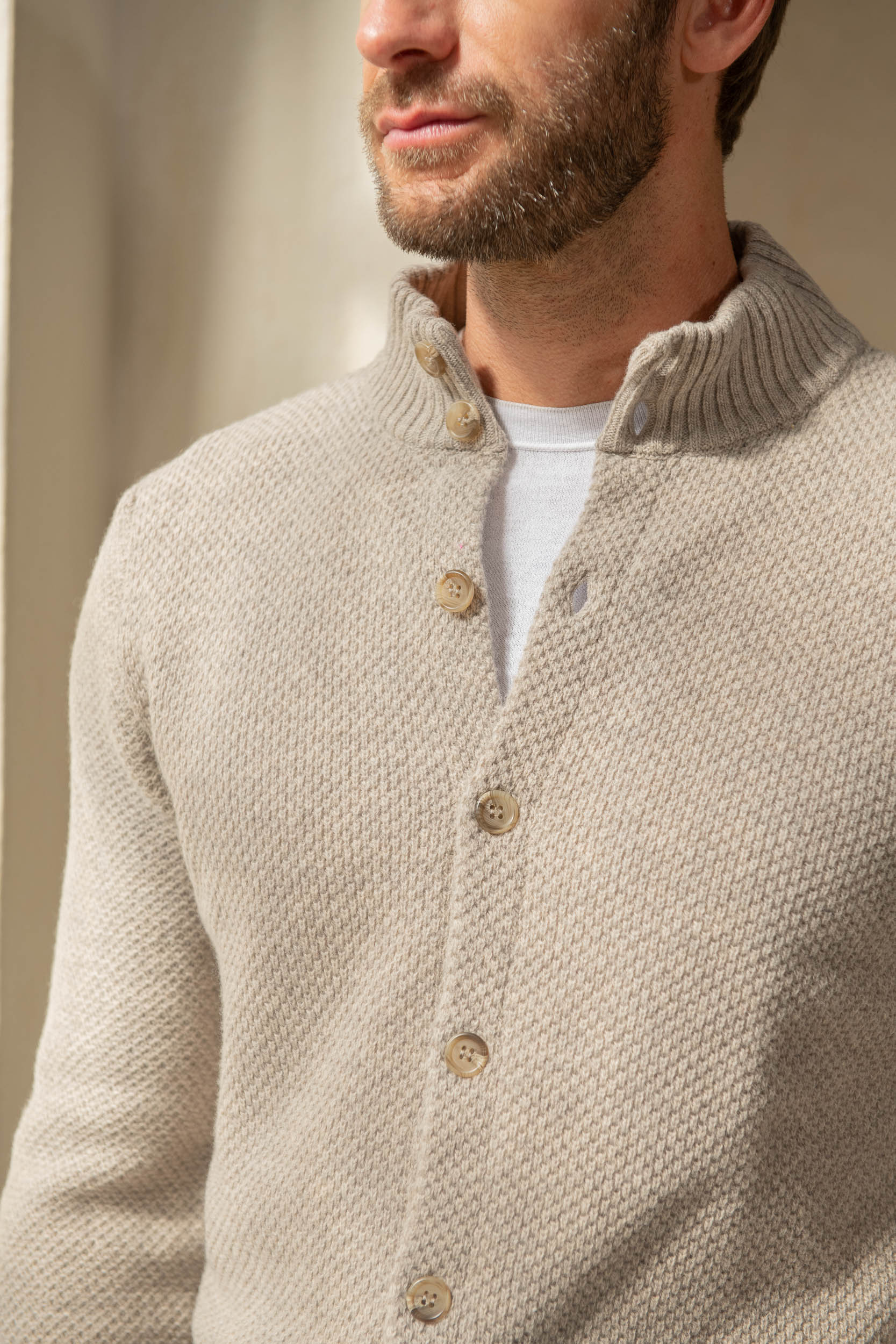 Beige textured cashmere blend cardigan – Made in Italy