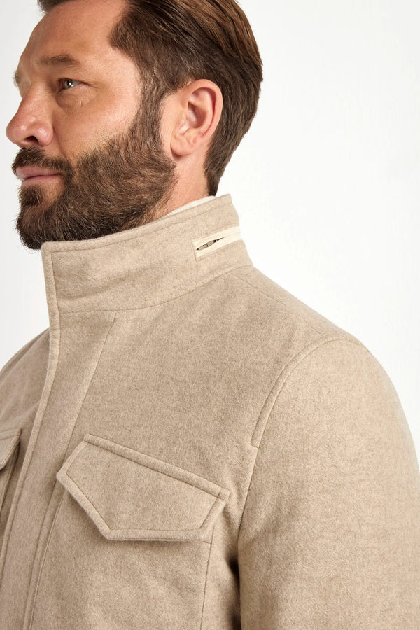 beige cashmere field jacket, italian field jacket, made in italy jacket, luxury field jacket, cashmere outerwear, italian craftsmanship jacket, tailored field jacket, premium cashmere jacket, versatile field jacket, sophisticated outerwear, refined field jacket, lightweight cashmere jacket, elegant field jacket, men's cashmere jacket, italian style jacket, contemporary field jacket, stylish outerwear, high-quality field jacket, classic field jacket, beige luxury jacket