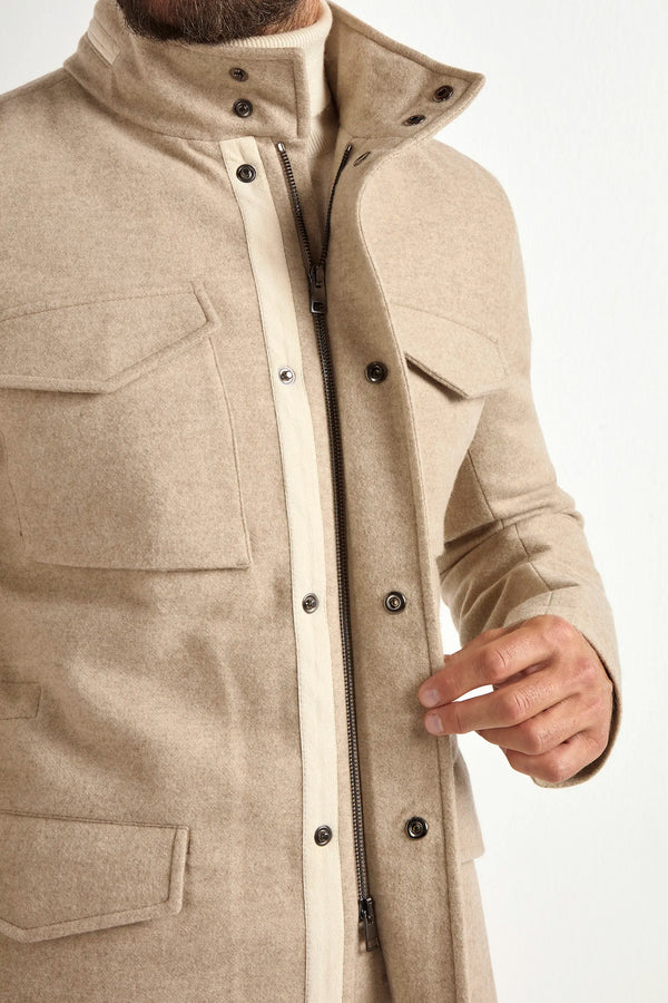 beige cashmere field jacket, italian field jacket, made in italy jacket, luxury field jacket, cashmere outerwear, italian craftsmanship jacket, tailored field jacket, premium cashmere jacket, versatile field jacket, sophisticated outerwear, refined field jacket, lightweight cashmere jacket, elegant field jacket, men's cashmere jacket, italian style jacket, contemporary field jacket, stylish outerwear, high-quality field jacket, classic field jacket, beige luxury jacket
