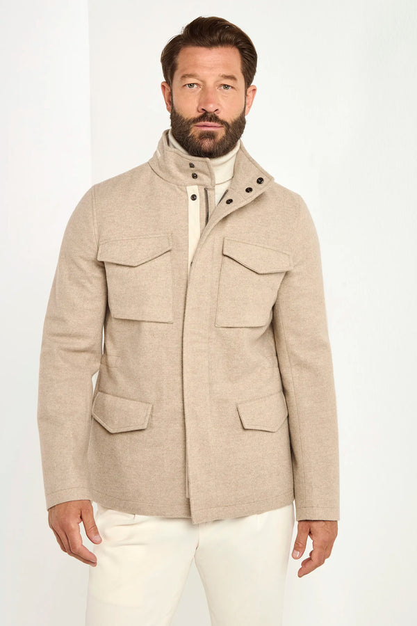 beige cashmere field jacket, italian field jacket, made in italy jacket, luxury field jacket, cashmere outerwear, italian craftsmanship jacket, tailored field jacket, premium cashmere jacket, versatile field jacket, sophisticated outerwear, refined field jacket, lightweight cashmere jacket, elegant field jacket, men's cashmere jacket, italian style jacket, contemporary field jacket, stylish outerwear, high-quality field jacket, classic field jacket, beige luxury jacket