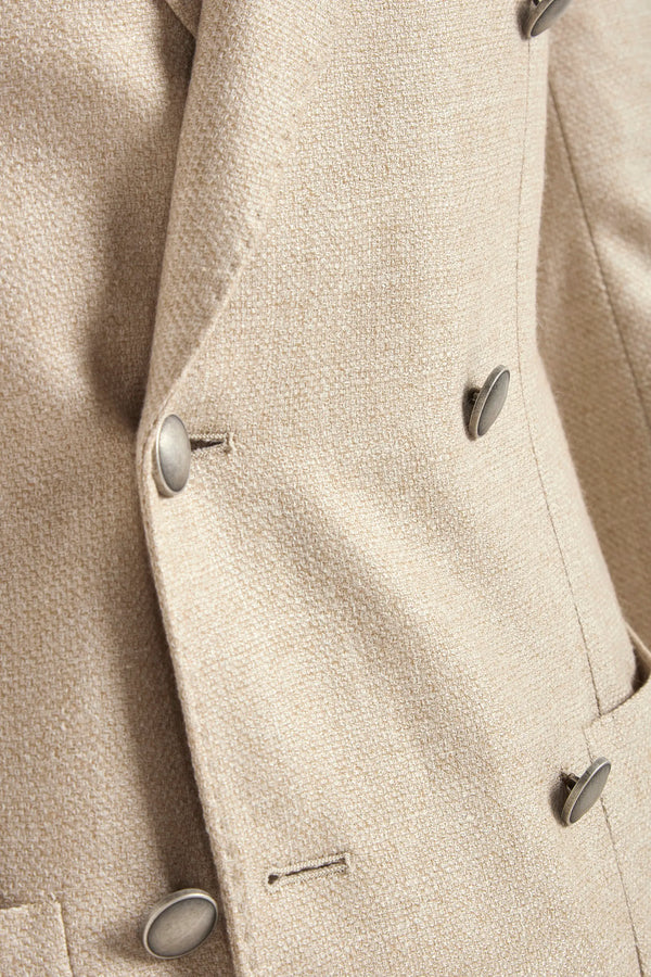 Beige double-breasted jacket, Italian style, made in Italy, tailored luxury jacket, elegant menswear blazer, refined casual jacket, premium Italian craftsmanship, classic double-breasted blazer, sophisticated smart casual jacket, versatile layering piece, polished modern jacket, fine Italian tailoring, upscale menswear jacket, timeless Italian blazer, refined professional look, sharp tailored jacket, luxury casualwear, contemporary beige blazer, Italian elegance jacket