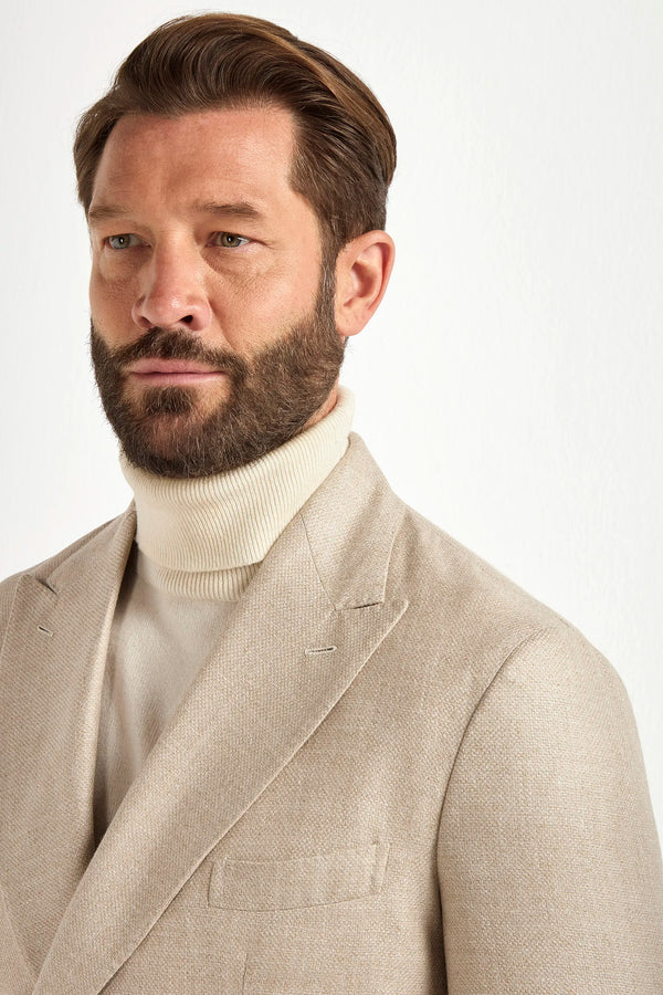 Beige double-breasted jacket, Italian style, made in Italy, tailored luxury jacket, elegant menswear blazer, refined casual jacket, premium Italian craftsmanship, classic double-breasted blazer, sophisticated smart casual jacket, versatile layering piece, polished modern jacket, fine Italian tailoring, upscale menswear jacket, timeless Italian blazer, refined professional look, sharp tailored jacket, luxury casualwear, contemporary beige blazer, Italian elegance jacket