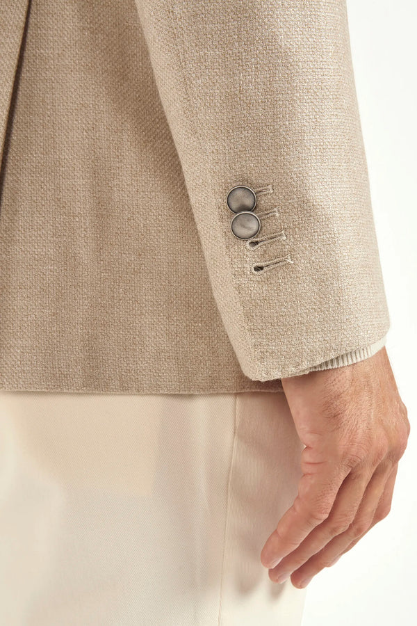 Beige double-breasted jacket, Italian style, made in Italy, tailored luxury jacket, elegant menswear blazer, refined casual jacket, premium Italian craftsmanship, classic double-breasted blazer, sophisticated smart casual jacket, versatile layering piece, polished modern jacket, fine Italian tailoring, upscale menswear jacket, timeless Italian blazer, refined professional look, sharp tailored jacket, luxury casualwear, contemporary beige blazer, Italian elegance jacket