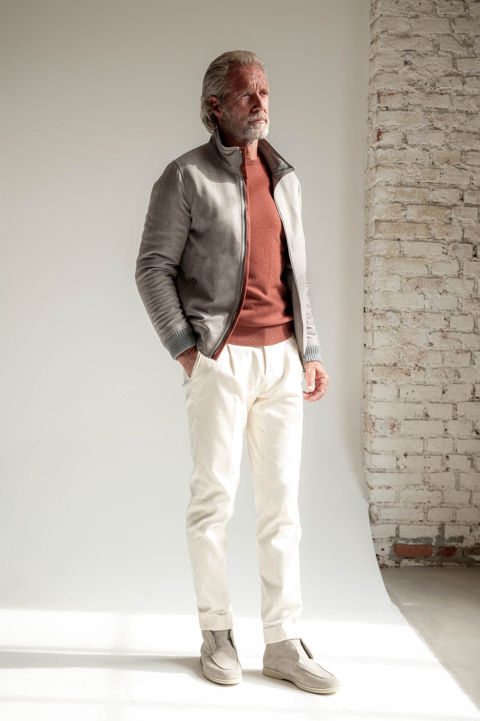 Taupe down jacket in Loro Piana wool with Rain System® | Made in Italy ...