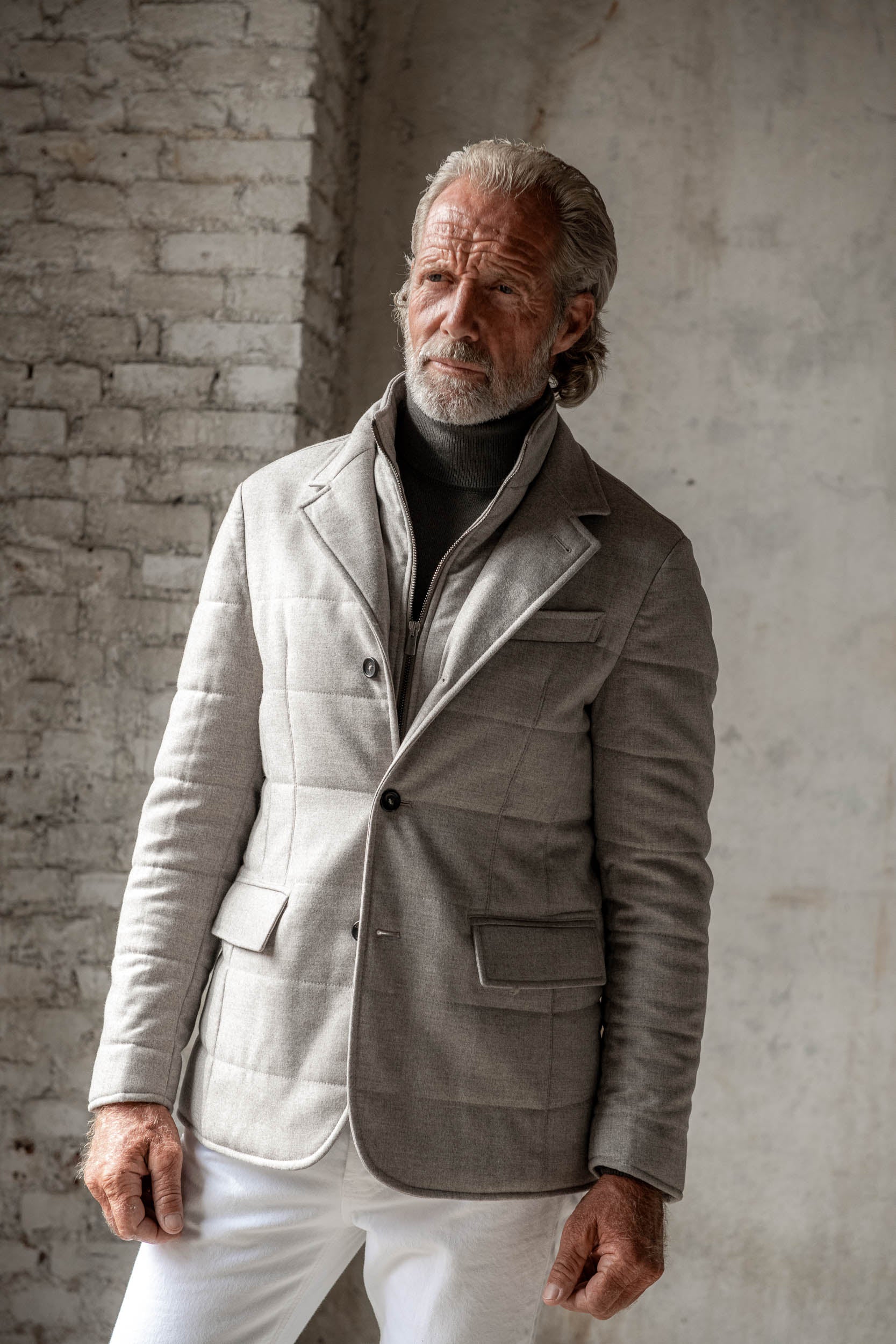 beige down jacket, lightweight down coat, sartorial lightweight coat, sartorial winter jacket