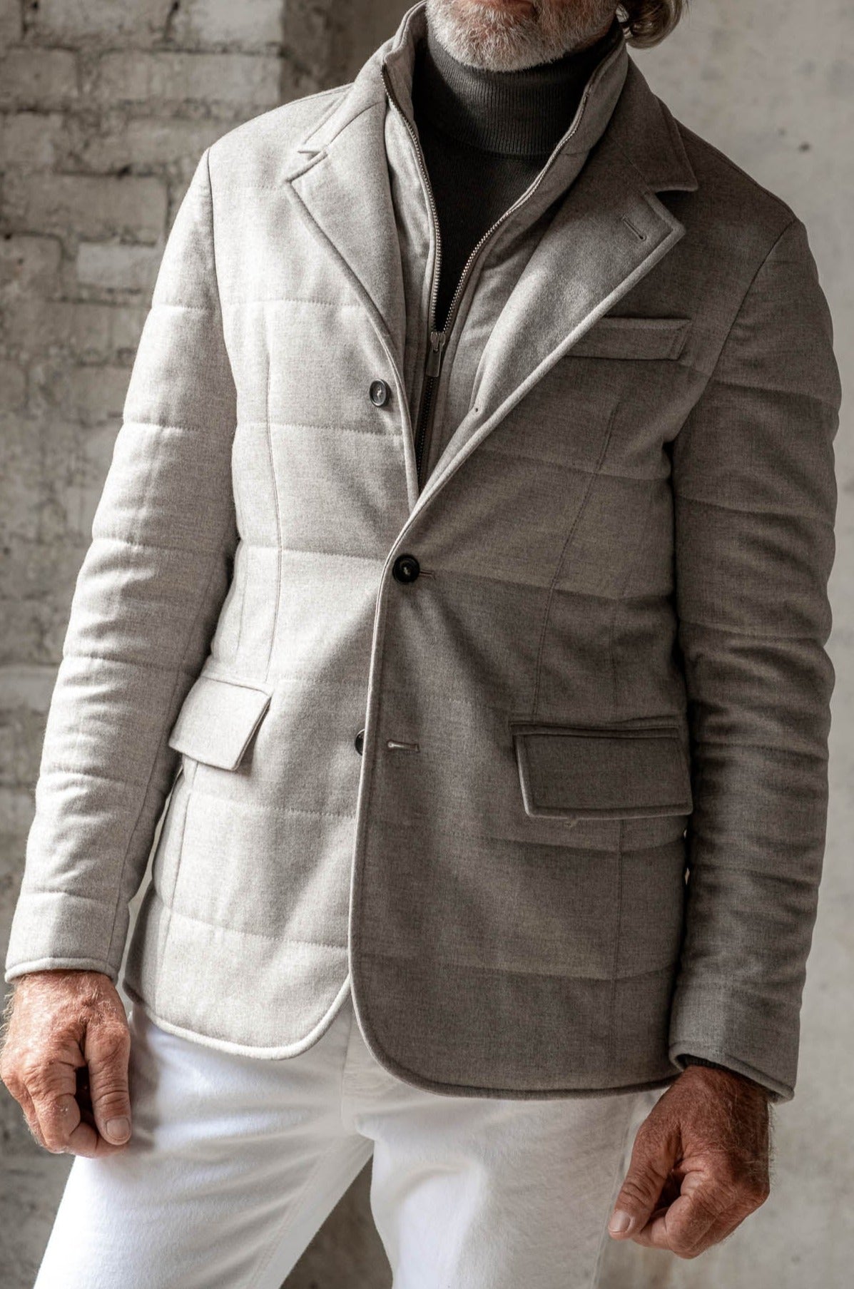 beige down jacket, lightweight down coat, sartorial lightweight coat, sartorial winter jacket