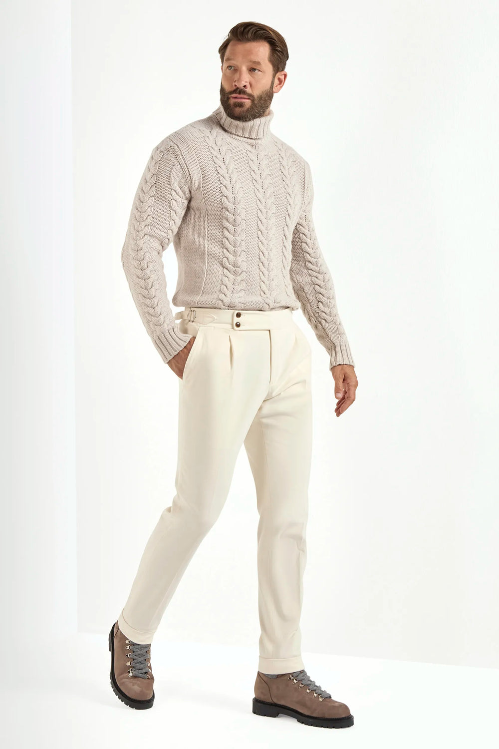 beige jacquard turtleneck sweater, beige patterned turtleneck, jacquard knitwear, italian style, made in italy, wool & cashmere turtleneck, luxury knitwear, textured turtleneck sweater, premium italian knit, elegant winter layering, refined menswear turtleneck, fall/winter essentials, heritage jacquard pattern, soft wool cashmere blend, sophisticated turtleneck knit, breathable winter sweater, fine wool cashmere sweater, italian craftsmanship knitwear, classic patterned turtleneck, timeless italian sweater