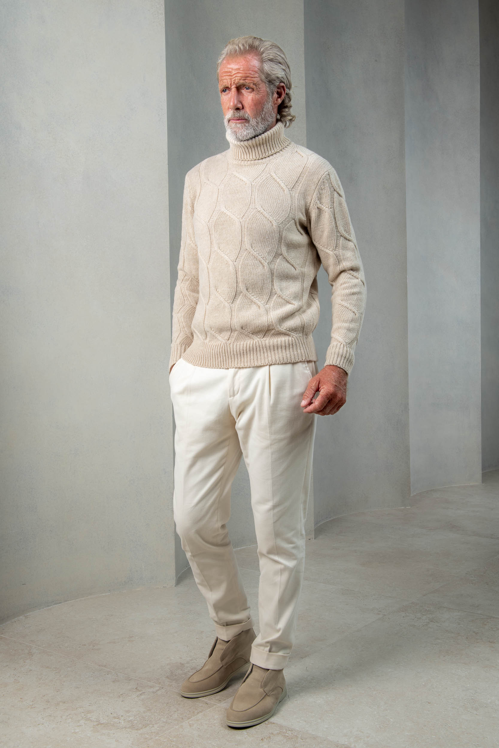 Beige jacquard patterned wool & cashmere turtleneck – Made in Italy