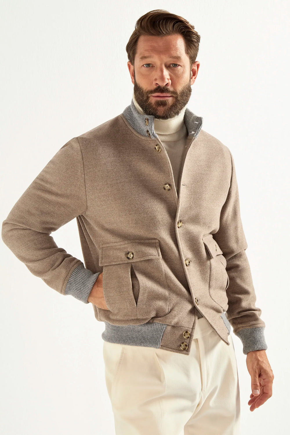 Super Wool Bomber Jacket, Beige Wool Bomber Jacket, Italian Super Wool 180’s Jacket, Flannel Bomber Jacket Beige, Bomber in super lana, Bomber in lana beige, Giacca italiana in super lana 180, Bomber in flanella beige, Super Wool Bomber Jacket, Beige Wool Bomber Jacket, Italian Super Wool 180's Jacket, Flannel Bomber Jacket Beige