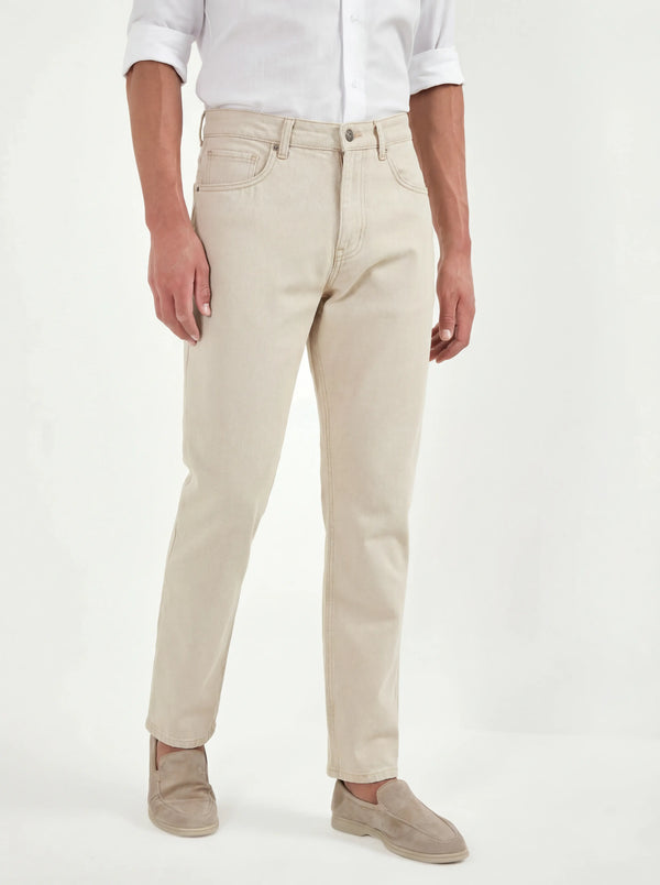 Beige straight linen blend jeans - Made in Italy