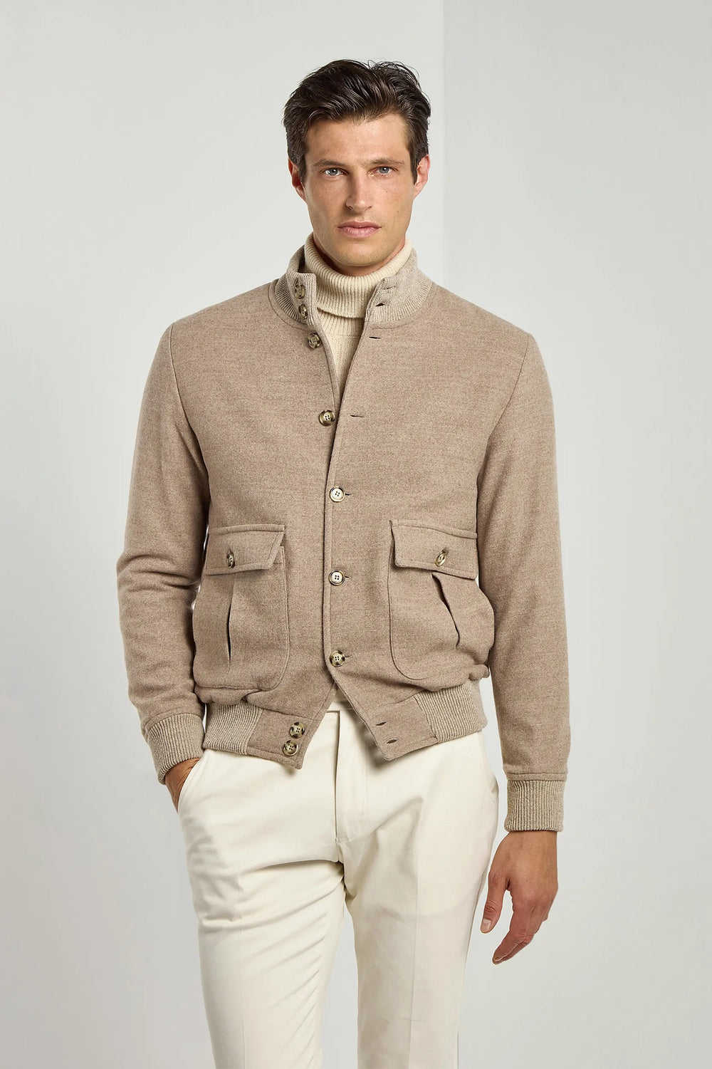 Blouson aviateur en flanelle de laine Super 180 s beige Made in Ital