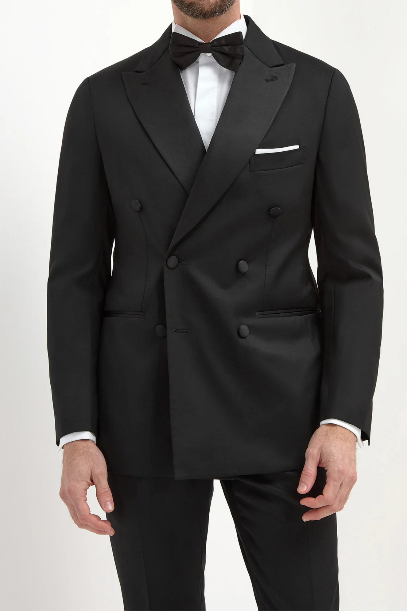 Black Double-Breasted Tuxedo, men's black tuxedo, elegant double-breasted tuxedo, formal black evening suit, breathable black tuxedo, smoking noir croisé, costume de soirée noir pour hommes, costume formel noir croisé, smoking nero doppiopetto, abito elegante da sera, abito formale nero doppiopetto.