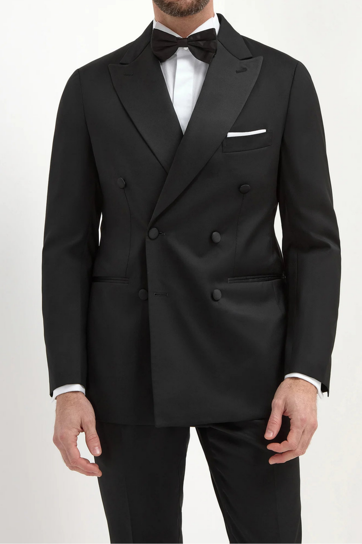 Black Double-Breasted Tuxedo, men's black tuxedo, elegant double-breasted tuxedo, formal black evening suit, breathable black tuxedo, smoking noir croisé, costume de soirée noir pour hommes, costume formel noir croisé, smoking nero doppiopetto, abito elegante da sera, abito formale nero doppiopetto.