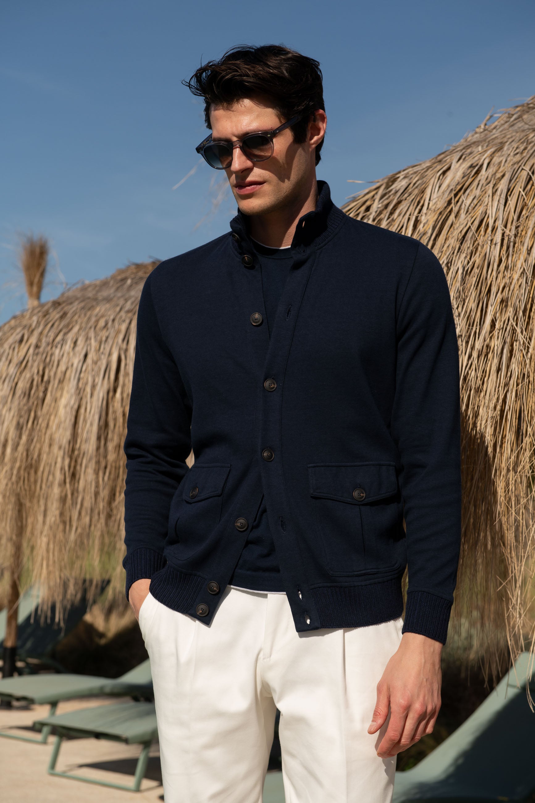 Blue cotton knitted bomber – Made in Italy