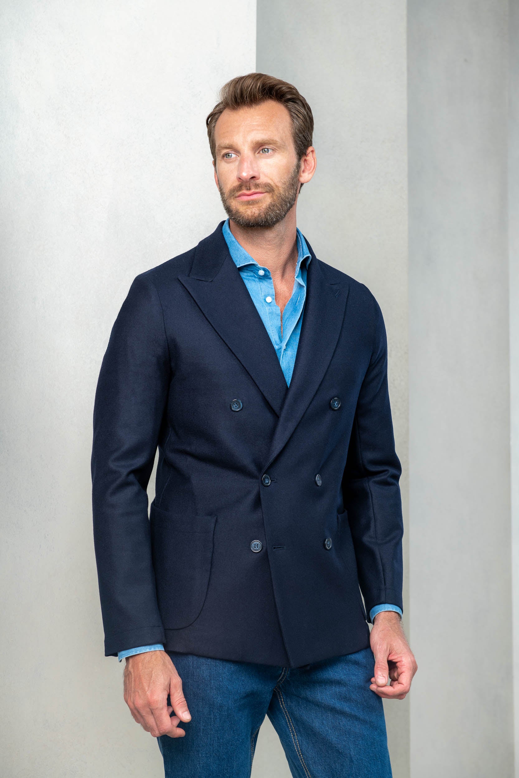 blue jersey blazer, blue jersey jacket, blue double breasted jersey jacket, veste bleue en jersey, blazer jersey, blazer croisé en jersey,Italian Jacket, Veste Italienne, Giacca Italiana