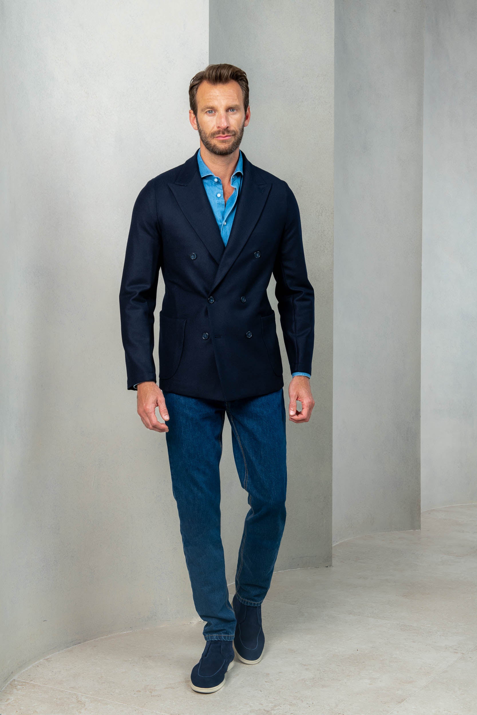 blue jersey blazer, blue jersey jacket, blue double breasted jersey jacket, veste bleue en jersey, blazer jersey, blazer croisé en jersey,Italian Jacket, Veste Italienne, Giacca Italiana