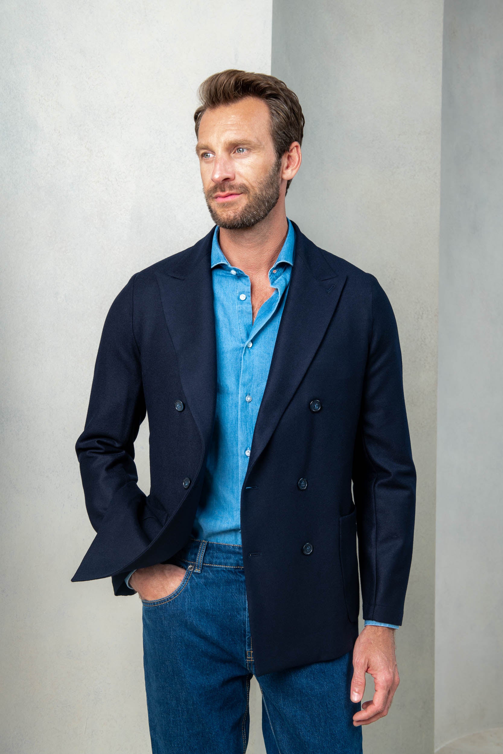 blue jersey blazer, blue jersey jacket, blue double breasted jersey jacket, veste bleue en jersey, blazer jersey, blazer croisé en jersey,Italian Jacket, Veste Italienne, Giacca Italiana