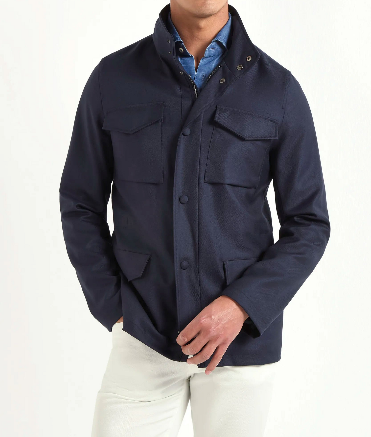 blue field jacket, men's field jacket, italian field jacket, blue cotton jacket, luxury men's jacket, elegant men's outerwear, refined field jacket, tailored blue jacket, premium italian jacket, sophisticated men's jacket, timeless italian outerwear, upscale men's field jacket, classic blue jacket, italian craftsmanship jacket, premium men's field jacket, refined italian jacket