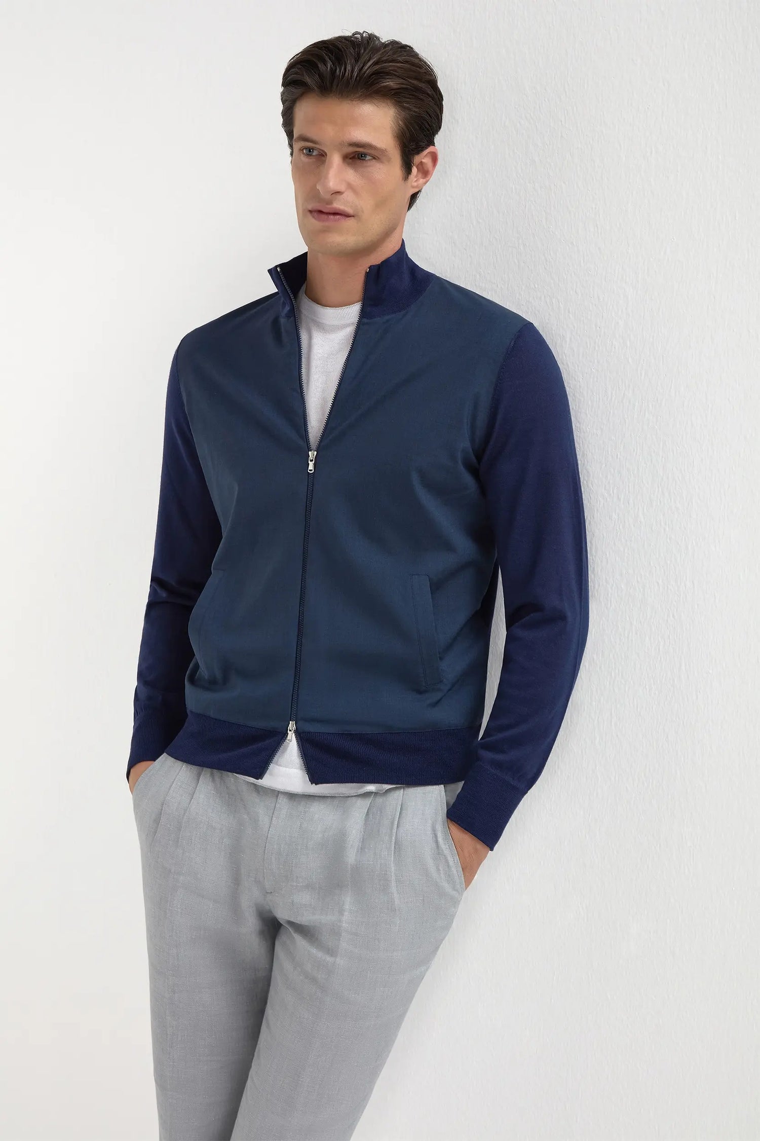 Bomber bleu en laine et maille - Made in Italy