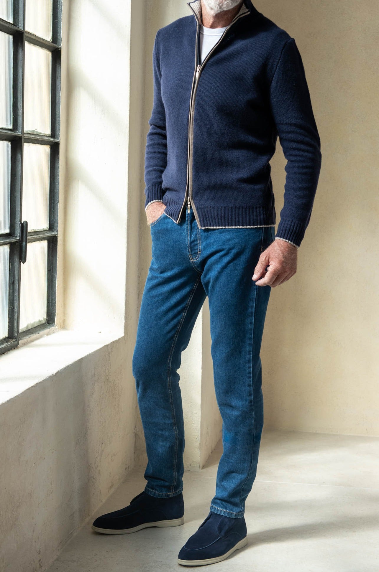 Full zip misto cashmere a nido d'ape blu – Made in Italy