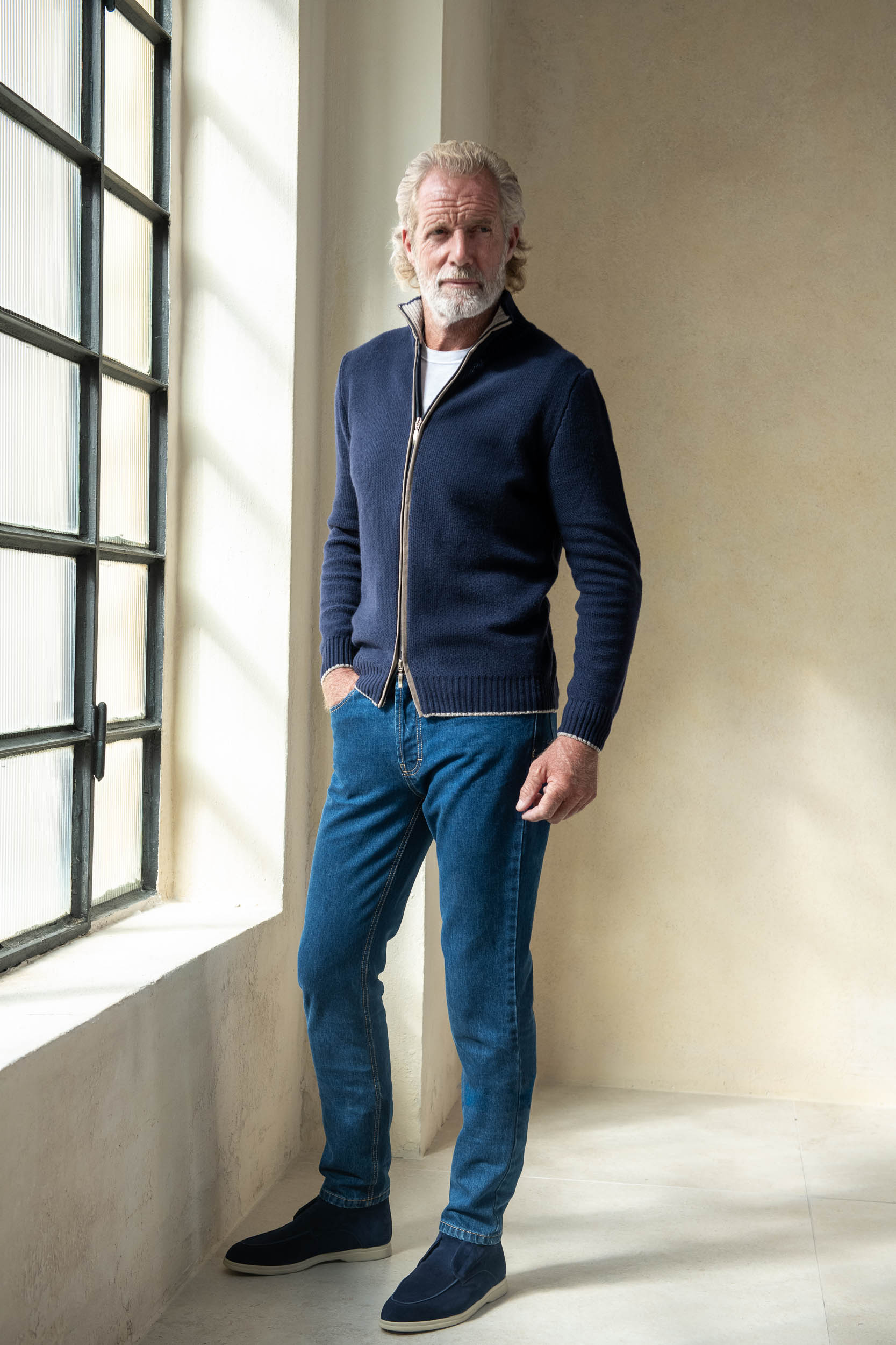 Full zip in misto cashmere a nido d'ape blu – Made in Italy
