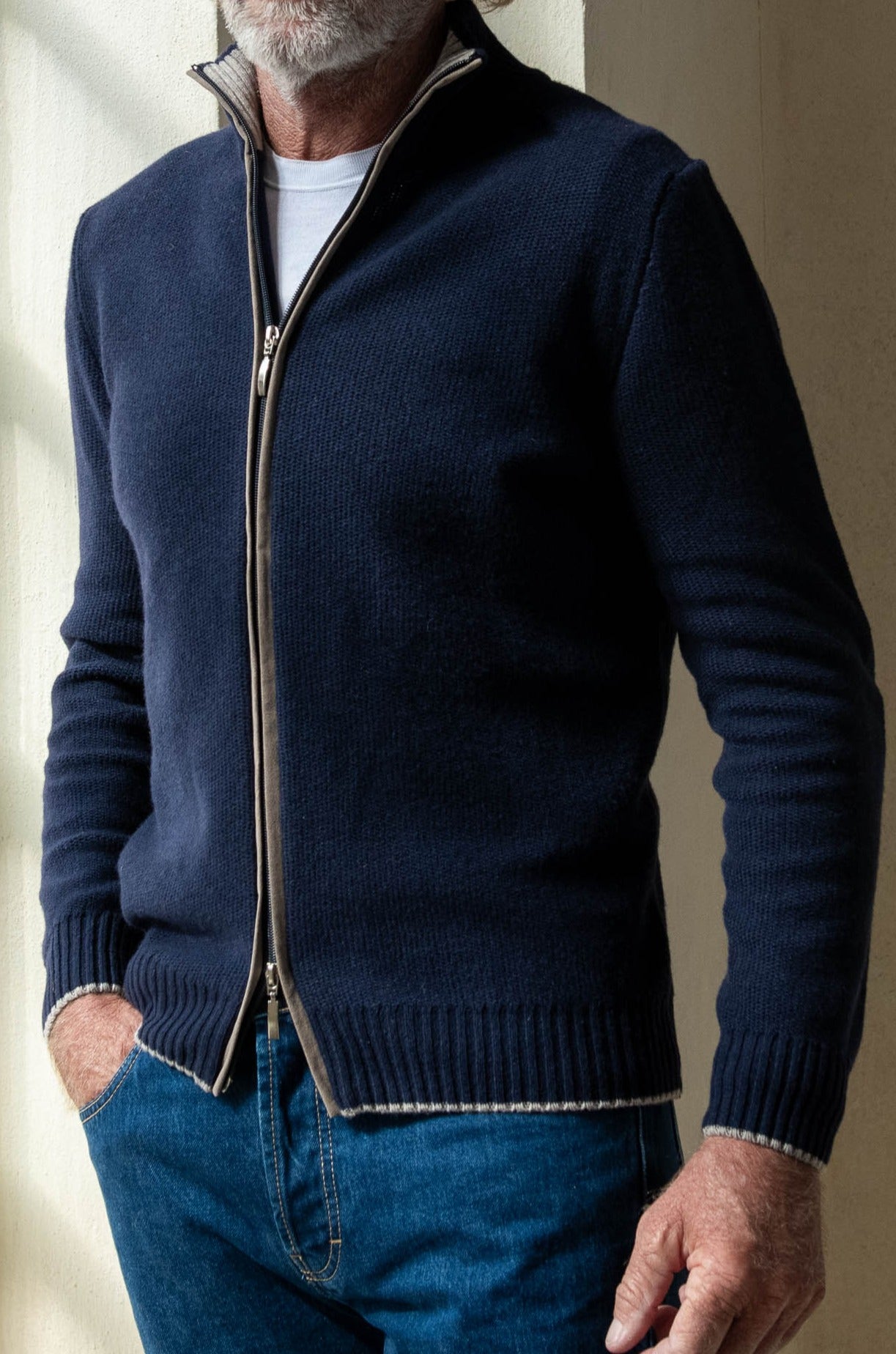 Full zip misto cashmere a nido d'ape blu – Made in Italy