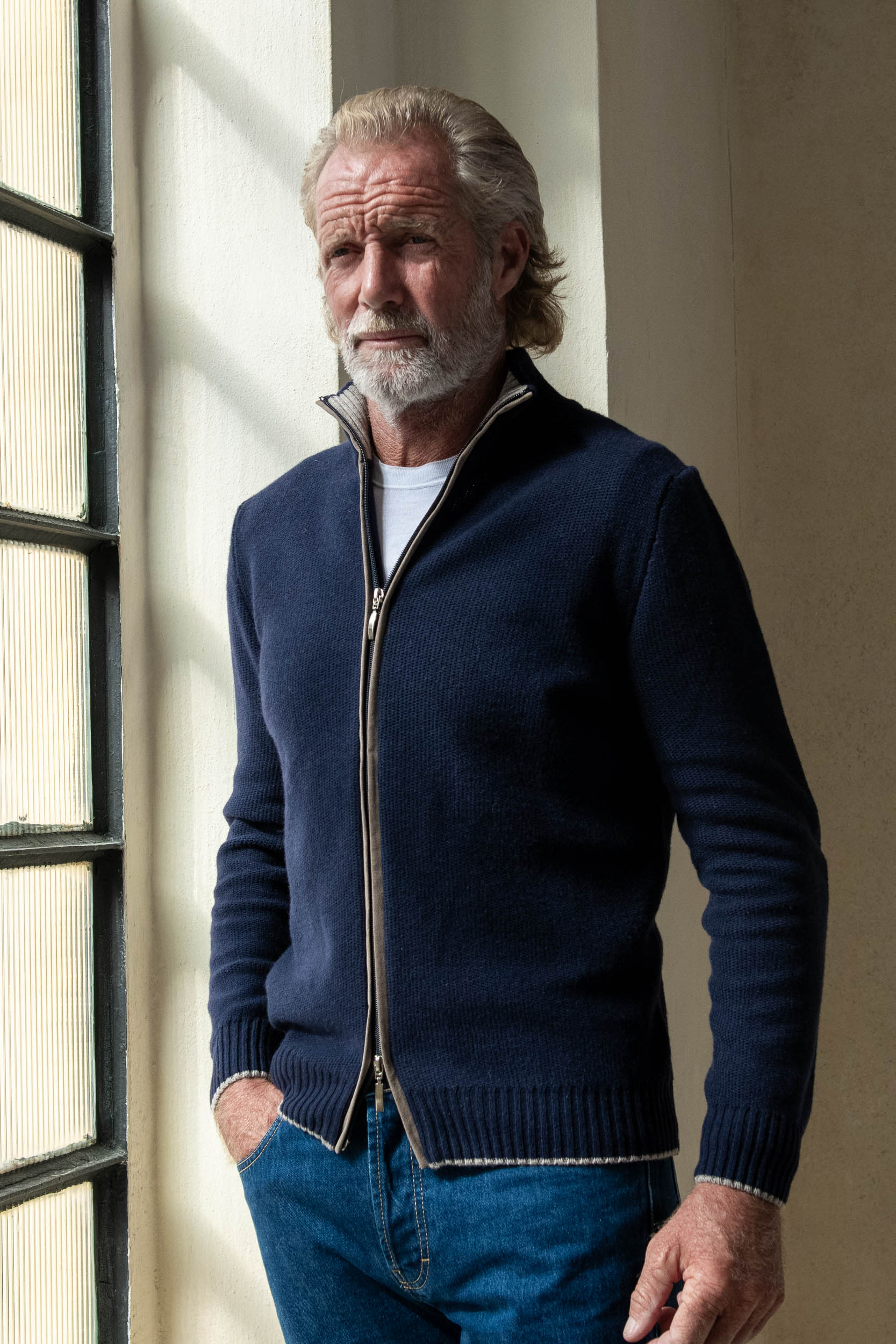 Full zip in misto cashmere a nido d'ape blu – Made in Italy