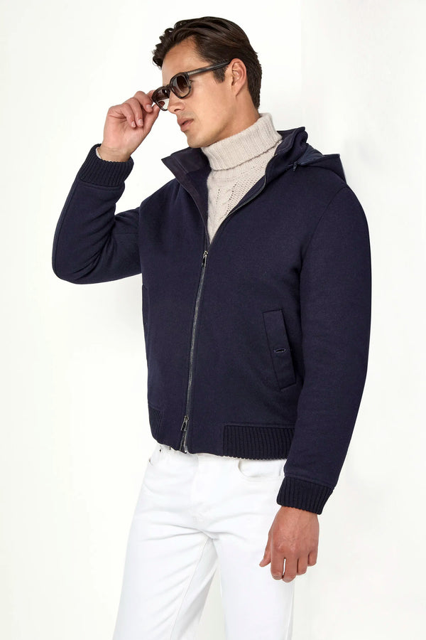 blue hooded bomber, men's hooded bomber, italian hooded bomber, blue bomber jacket, luxury men's bomber, elegant men's bomber, refined hooded bomber, tailored blue bomber, premium italian bomber, sophisticated men's bomber, timeless italian bomber, upscale men's bomber, classic blue bomber, italian craftsmanship bomber, premium men's blue bomber, refined italian bomber