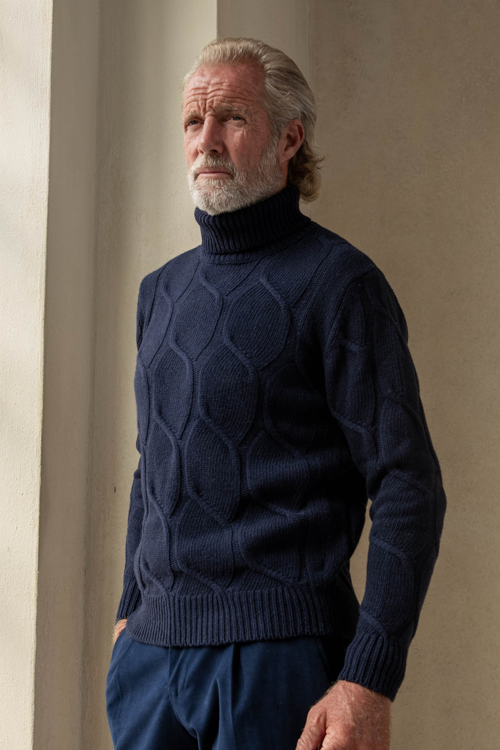 Blue jacquard pattern cashmere blend turtleneck, Made in Italy