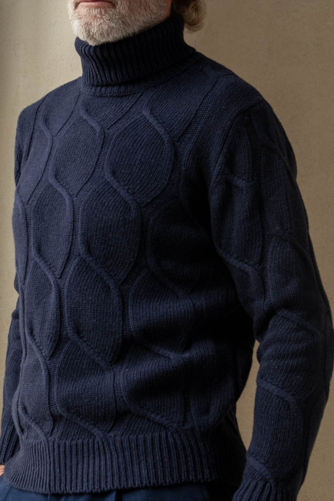 Blue jacquard pattern cashmere blend turtleneck, Made in Italy