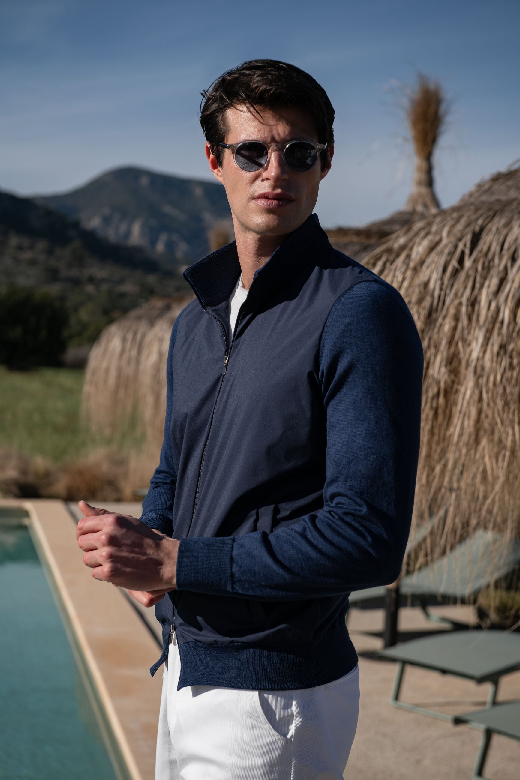 Blue knit & nylon bomber jacket – Made in Italy