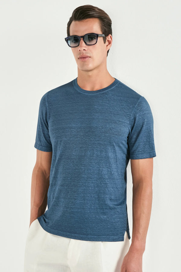 men Pini Parma blue t-shirt made in italy in linen 