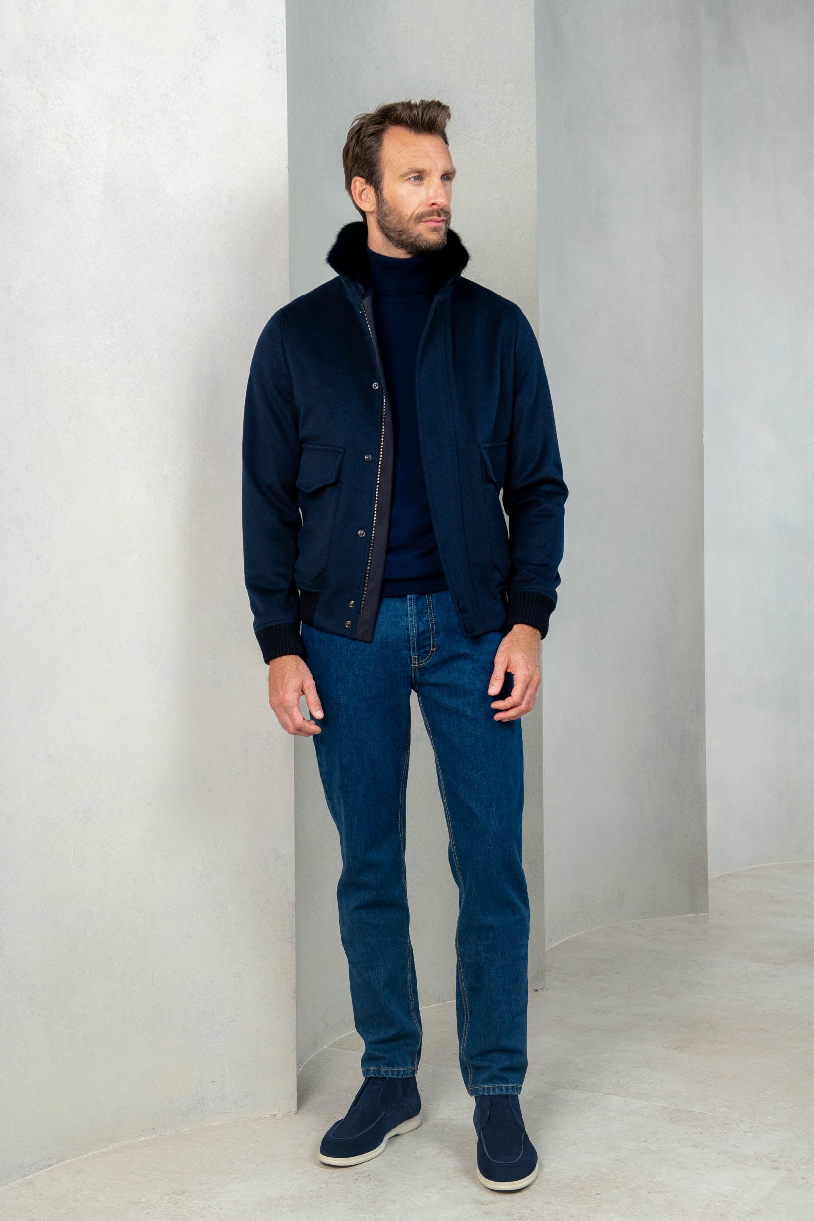 Blue short coat with removable shearling collar – Made in Italy
