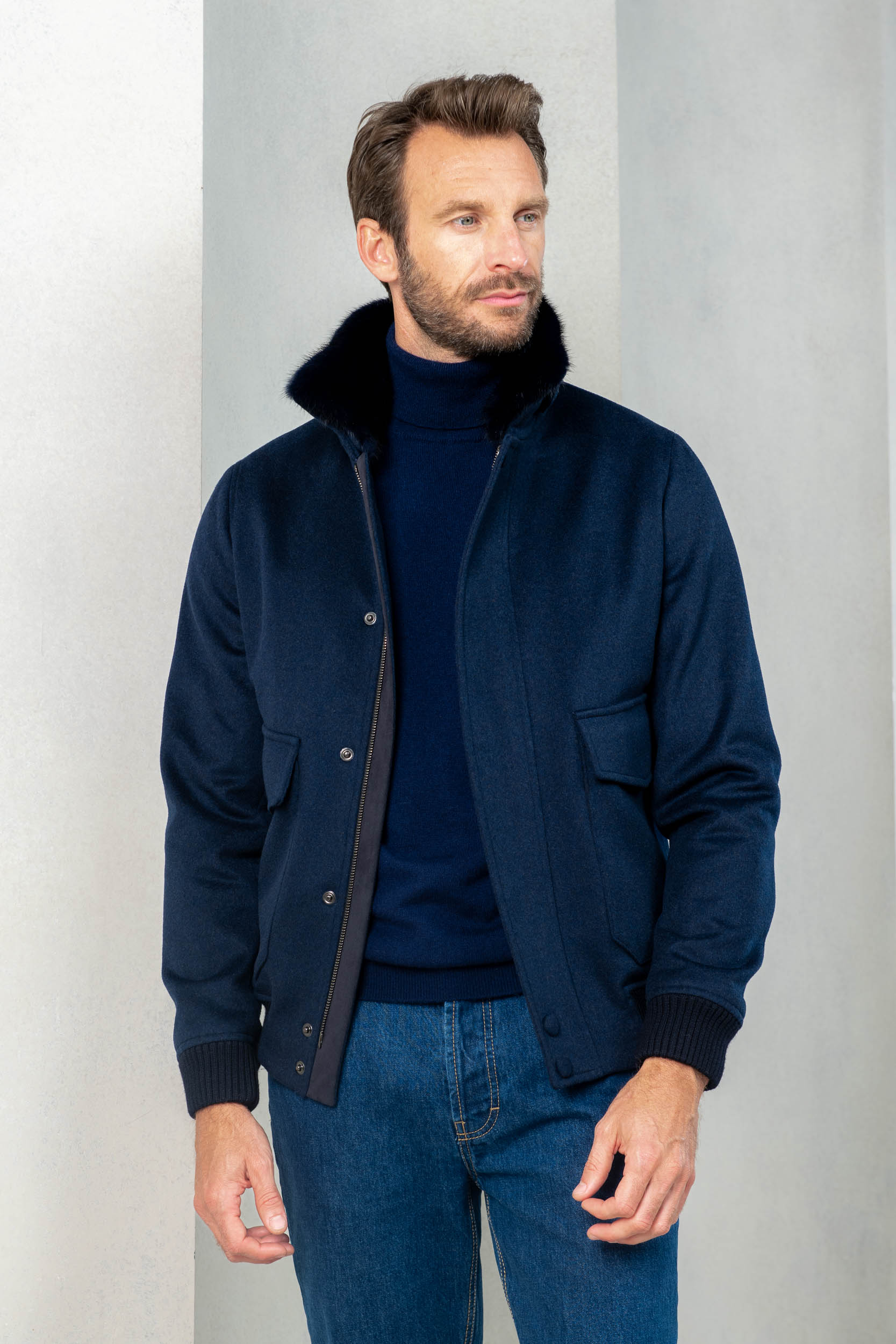 blue coat shearling collar, blue shearling bomber