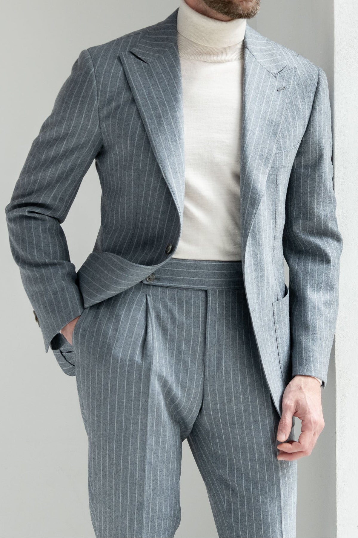 Dusty blue striped 130'S suit - Made in Italy