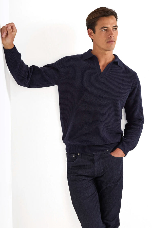 Polo bleu côtelé en mélange de cachemire – Made in Italy