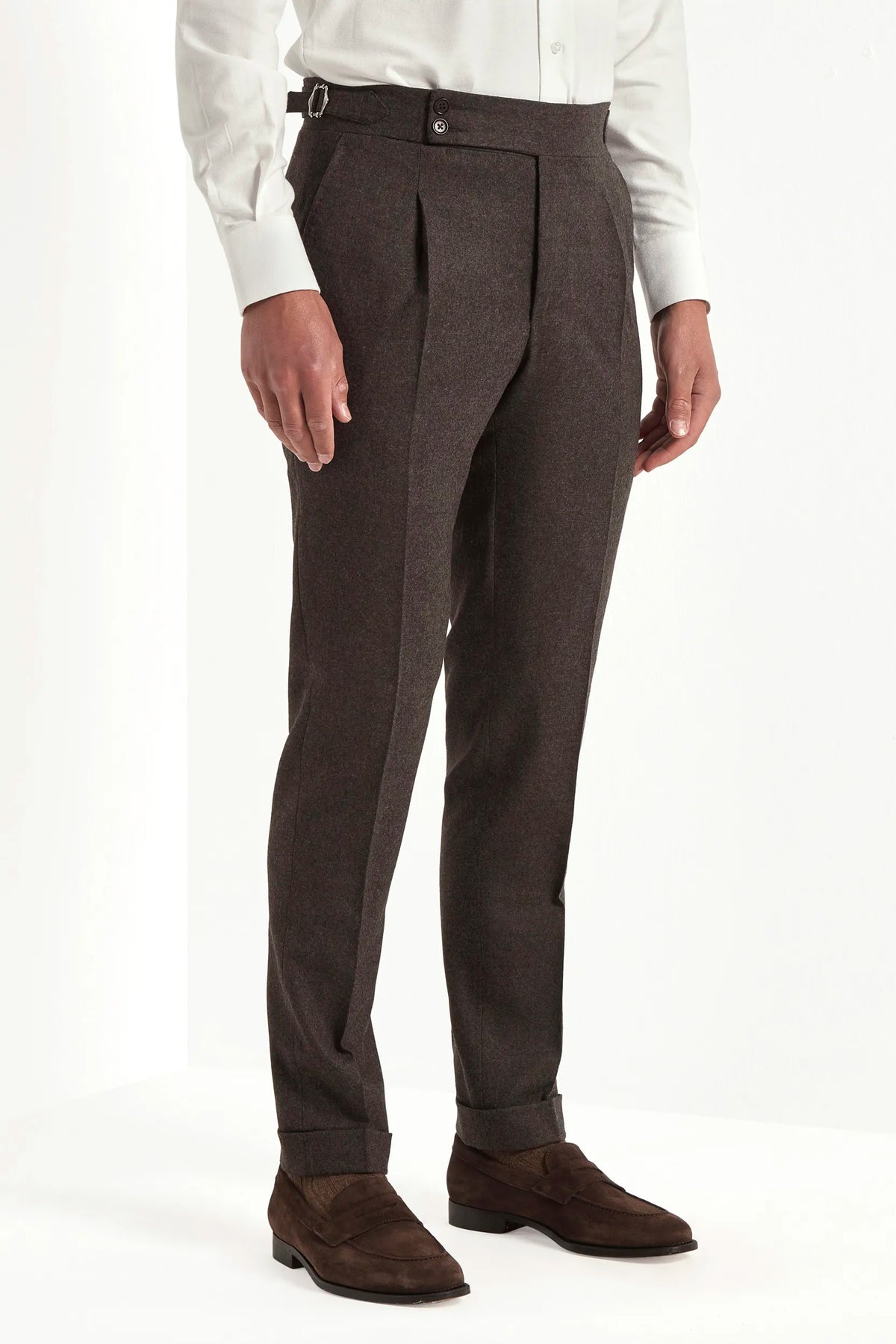 brown flannel trousers, brown ghurka flannel trousers, brown winter trousers, pantalon marron en flanelle, pantalon ghurka marron, pantalon ghurka flanelle marron