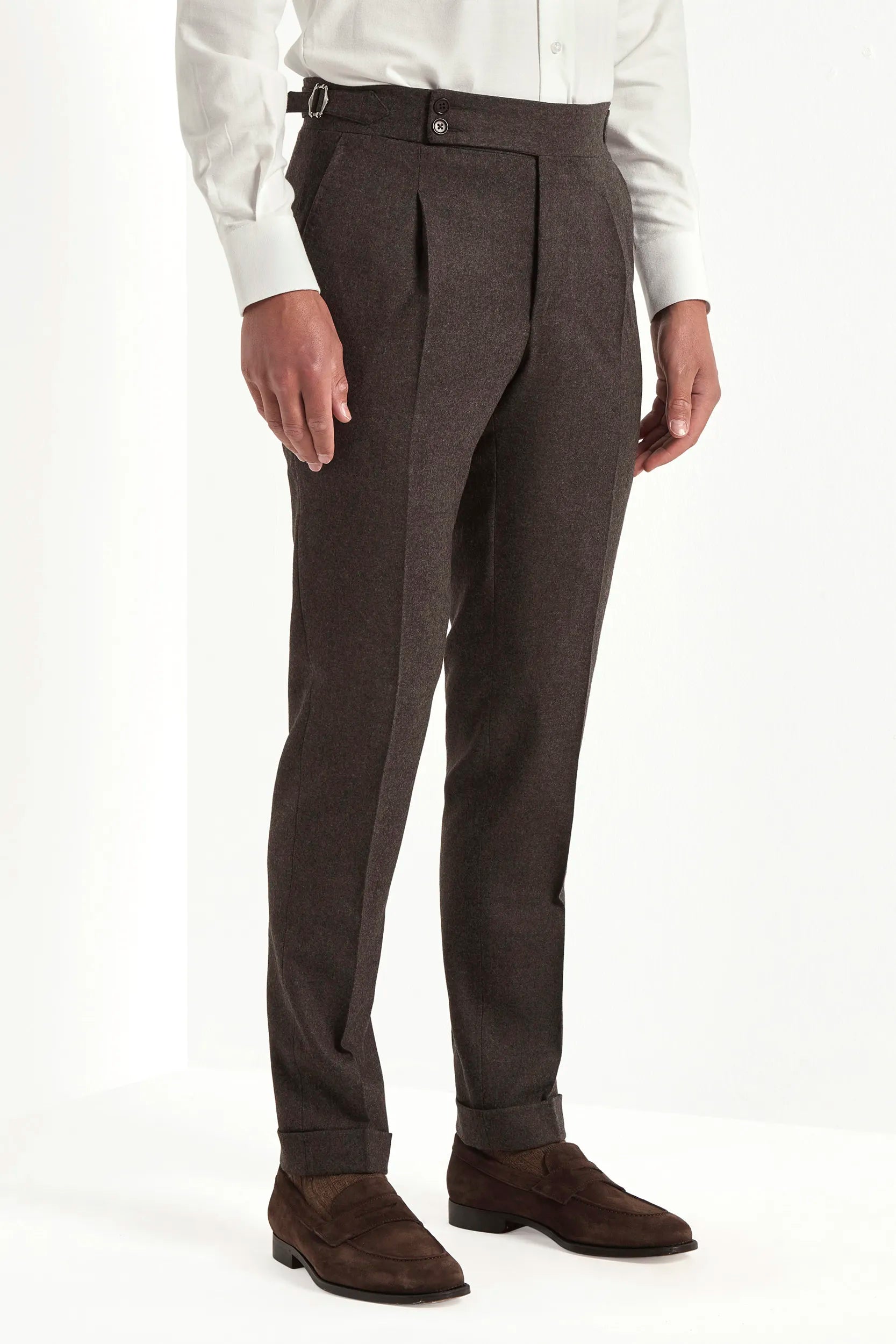 brown flannel trousers, brown ghurka flannel trousers, brown winter trousers, pantalon marron en flanelle, pantalon ghurka marron, pantalon ghurka flanelle marron